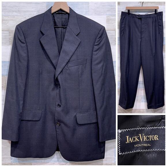 Jack Victor Wool Windowpane Suit Charcoal Gray Mens 42R 36x29 Pleated Pants - Picture 1 of 13